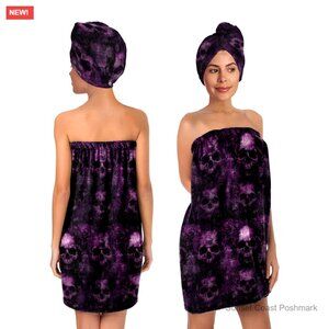Gothic Skull Print Spa Day Towel Wrap Set with Hair Turban Black Pink Bath New